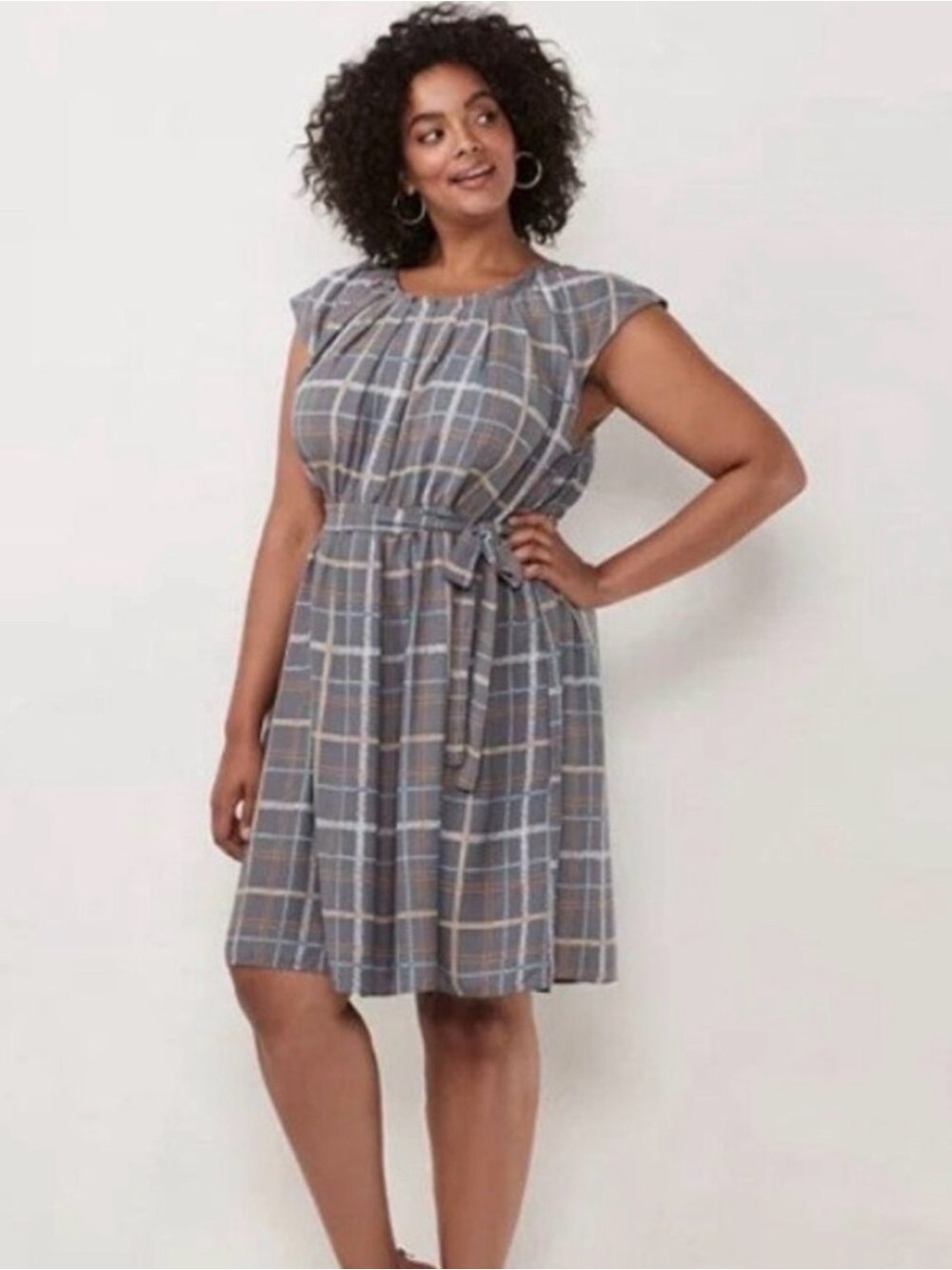 Lauren Conrad Gray Plaid Cinched Collar Dress with Orange Accent Size 3X